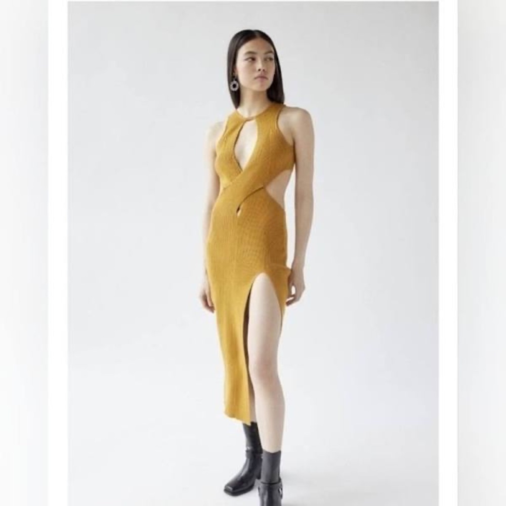 For Love And Lemons Gold Maggie Knit Cut Out Backless Midi Dress